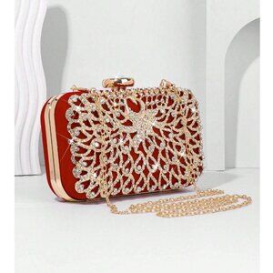 Luxury Red Velvet & Gold Crystal Clutch Purse With Detachable Chain Strap